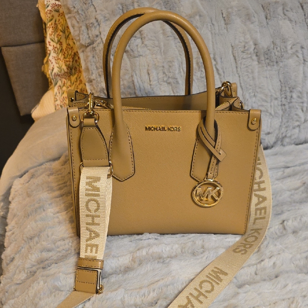 New Michael Kors Beige Small Satchel with Logo Strap